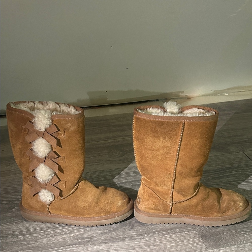 Koolaburra Tan Suede Boots with Shearling and Bow Accents